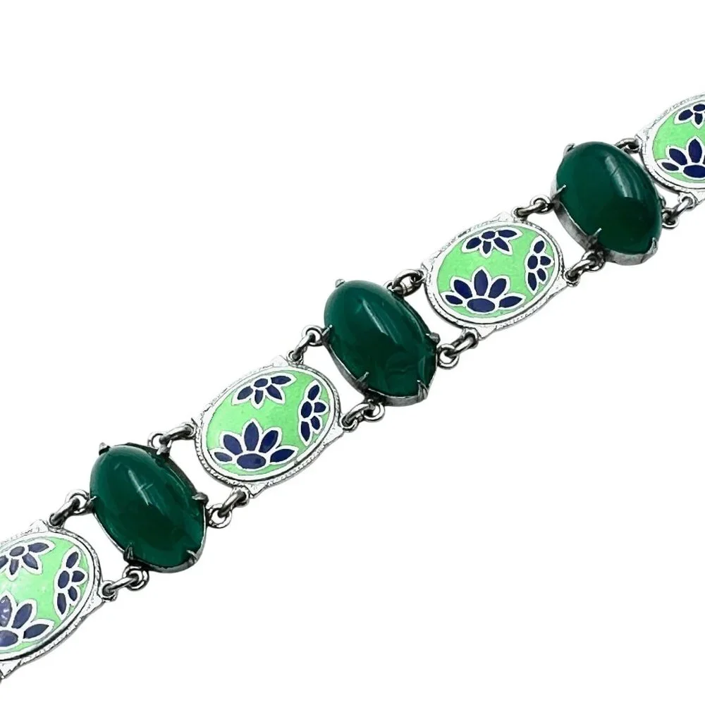 Vintage Blue Green Enamel Domed Glass Stone Silver Tone Bracelet 7 Inch